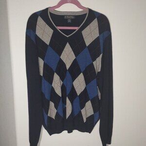 Brooks Brothers Men's Merino Wool Blue Arygle V-Neck Sweater Size XL